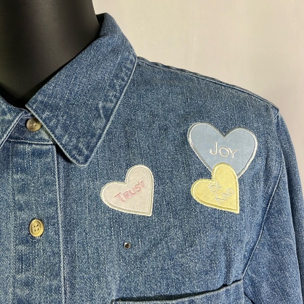 NWOT Quacker Factory Valentines Hearts Oversized Button Down Denim Shirt - Picture 6 of 16